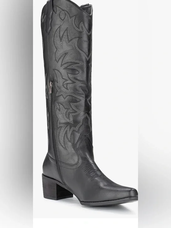 Black Leather Embroidered Cowboy Boot - Picture 1 of 12